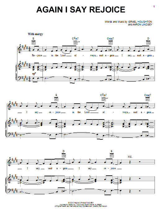 Israel Houghton Again I Say Rejoice Sheet Music Notes & Chords for Piano, Vocal & Guitar (Right-Hand Melody) - Download or Print PDF