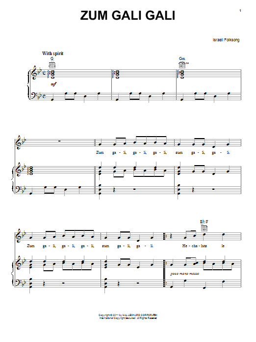 Israeli Folk Song Zum Gali Gali Sheet Music Notes & Chords for Piano, Vocal & Guitar (Right-Hand Melody) - Download or Print PDF