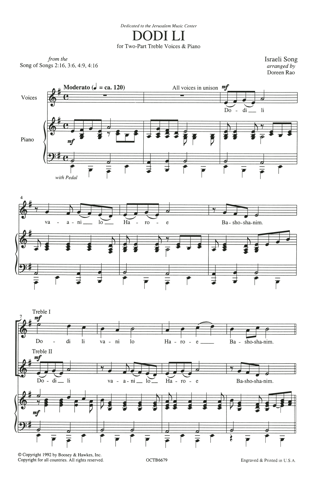 Israeli Song Dodi Li (arr. Doreen Rao) Sheet Music Notes & Chords for 2-Part Choir - Download or Print PDF