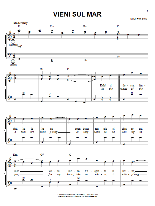 Italian Folk Song Vieni Sul Mar Sheet Music Notes & Chords for Accordion - Download or Print PDF