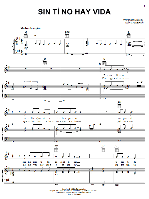 Iván Calderón Sin Tí No Hay Vida Sheet Music Notes & Chords for Piano, Vocal & Guitar (Right-Hand Melody) - Download or Print PDF