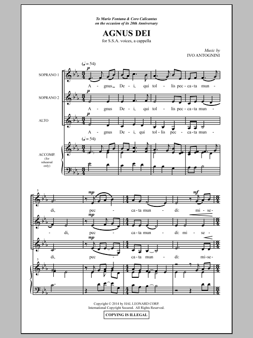 Ivo Antognini Agnus Dei Sheet Music Notes & Chords for SSA - Download or Print PDF