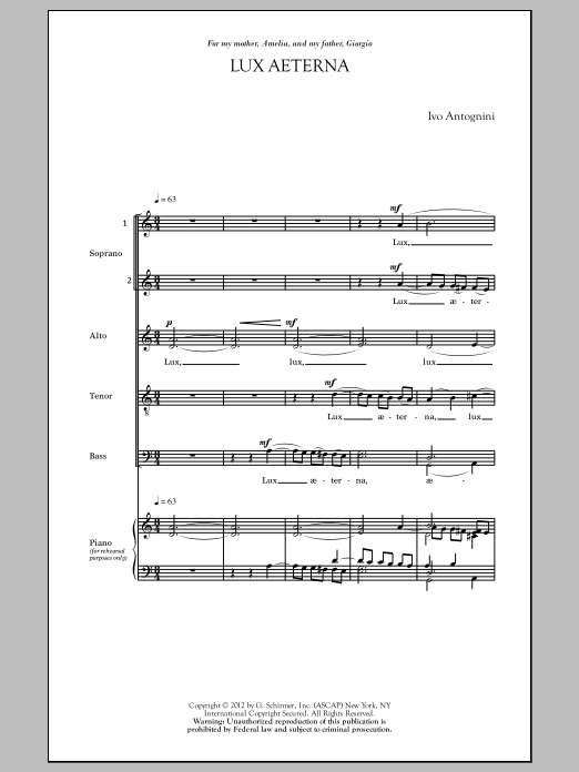 Ivo Antognini Lux Aeterna Sheet Music Notes & Chords for SATB - Download or Print PDF