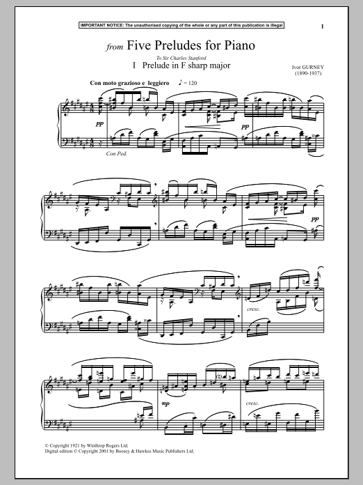 Ivor Gurney Five Preludes For Piano, I. Prelude In F-Sharp Major Sheet Music Notes & Chords for Piano - Download or Print PDF