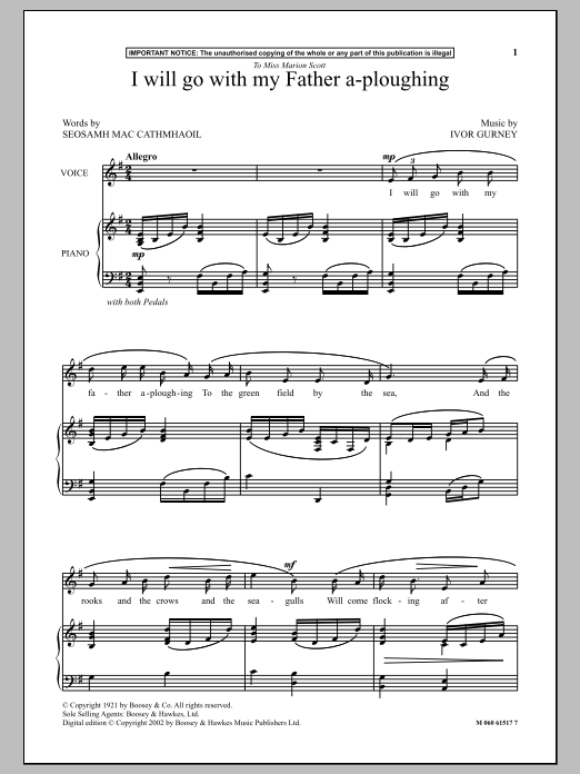 Preview Ivor Gurney I Will Go With My Father A-Ploughing Classical sheet music, notes and chords for Piano & Vocal, SKU: 90955 I Will Go With My Father A-Ploughing sheet music