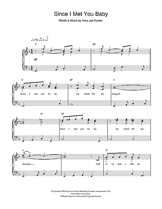 Preview Ivory Joe Hunter Since I Met You Baby Classics sheet music, notes and chords for Piano, Vocal & Guitar (Right-Hand Melody), SKU: 63937 Since I Met You Baby sheet music