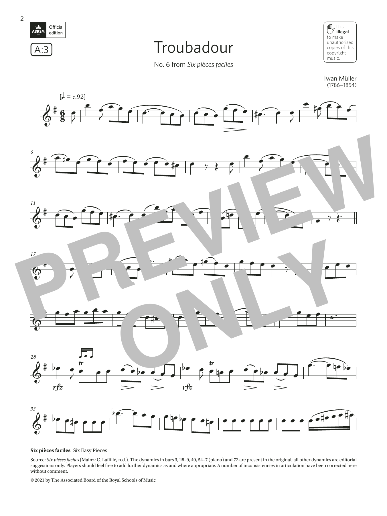 Iwan Müller Troubadour (from Six pièces faciles) (Grade 5 List A3 from the ABRSM Clarinet syllabus from 2022) Sheet Music Notes & Chords for Clarinet Solo - Download or Print PDF