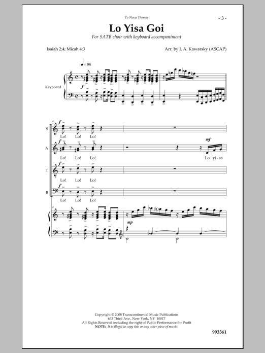 J. A. Kawarsky Lo Yisa Goi Sheet Music Notes & Chords for Choral - Download or Print PDF