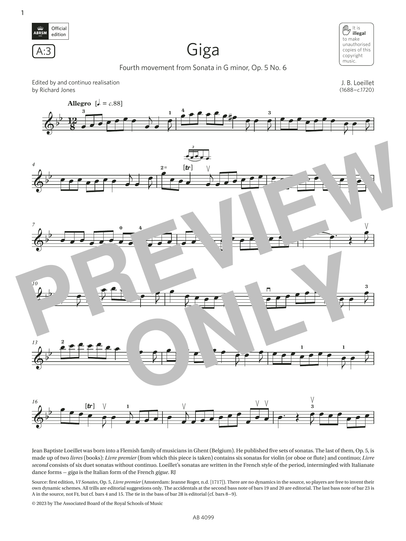 J. B. Loeillet Giga (Grade 5, A3, from the ABRSM Violin Syllabus from 2024) Sheet Music Notes & Chords for Violin Solo - Download or Print PDF