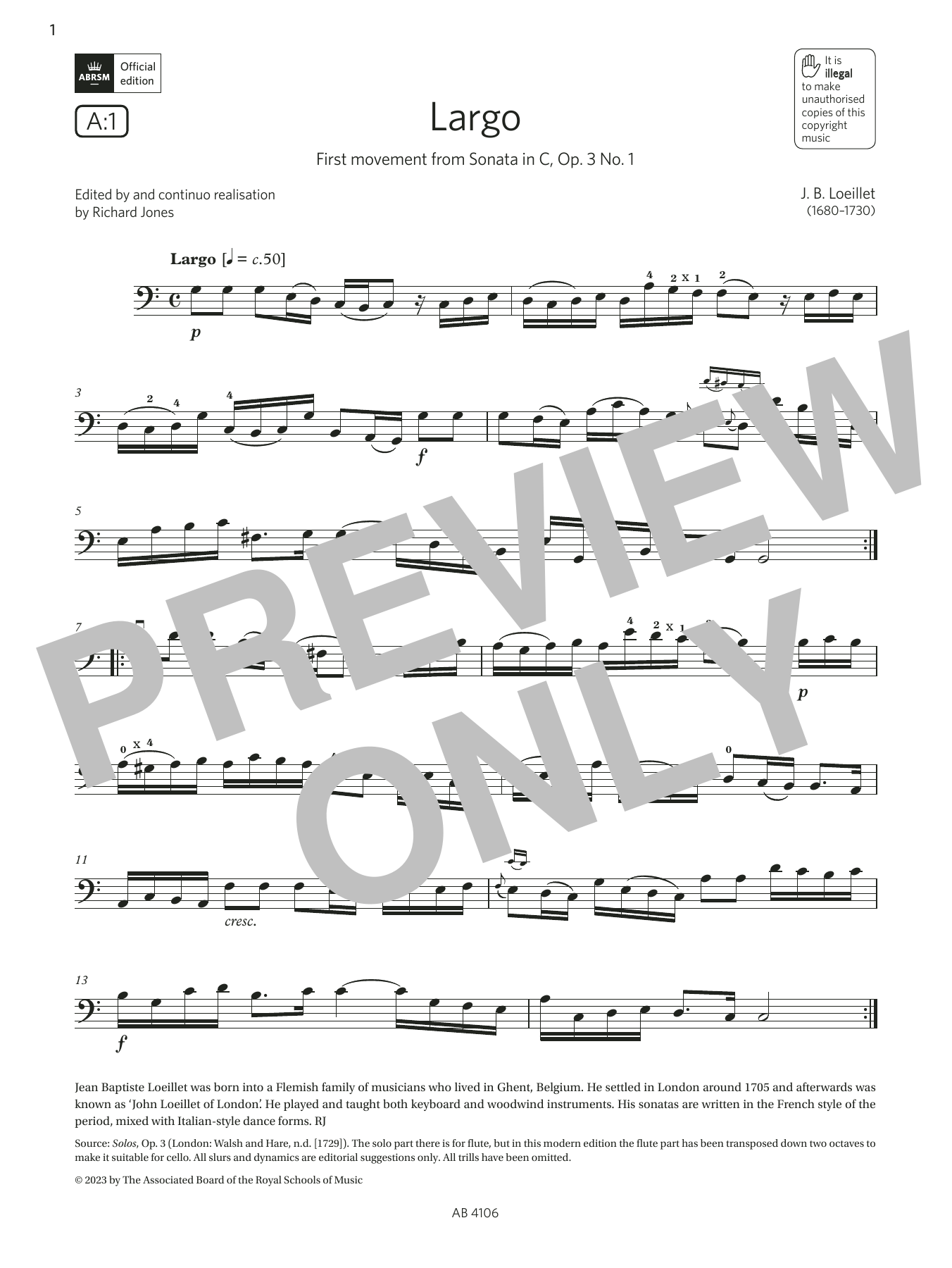 J. B. Loeillet Largo (Grade 3, A1, from the ABRSM Cello Syllabus from 2024) Sheet Music Notes & Chords for Cello Solo - Download or Print PDF