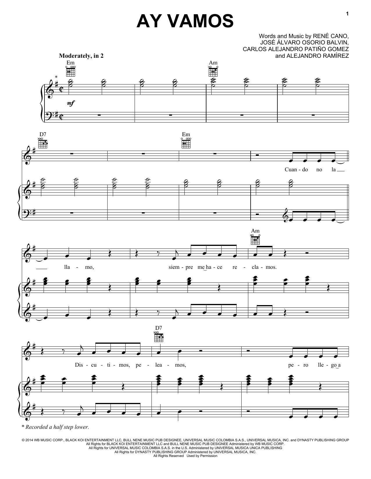 J Balvin Ay Vamos Sheet Music Notes & Chords for Piano, Vocal & Guitar (Right-Hand Melody) - Download or Print PDF