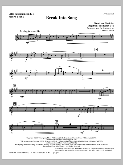 J. Daniel Smith Break Into Song - Alto Sax 1 (sub. Horn 1) Sheet Music Notes & Chords for Choir Instrumental Pak - Download or Print PDF J. Daniel Smith Break Into Song - Alto Sax 1 (sub. Horn 1) Sheet Music Notes & Chords for Choir Instrumental Pak - Download or Print PDF