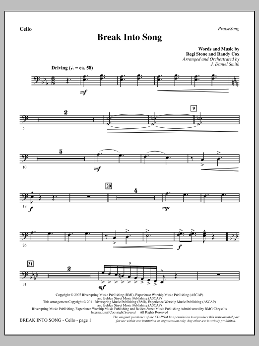 J. Daniel Smith Break Into Song - Cello Sheet Music Notes & Chords for Choir Instrumental Pak - Download or Print PDF
