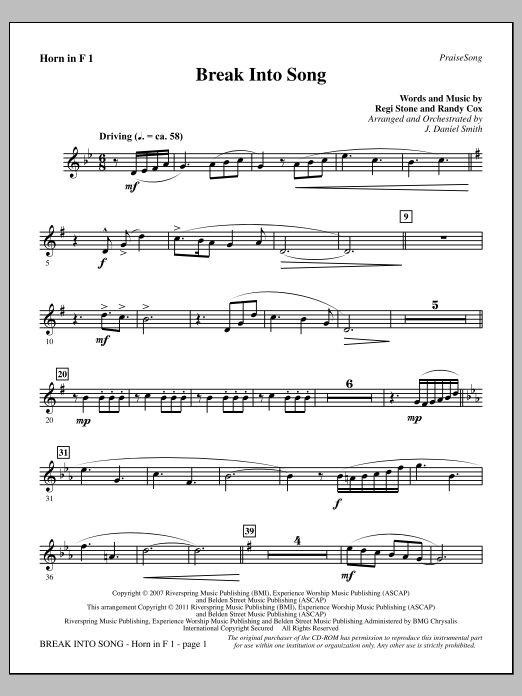 J. Daniel Smith Break Into Song - F Horn 1 Sheet Music Notes & Chords for Choir Instrumental Pak - Download or Print PDF
