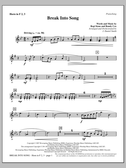 J. Daniel Smith Break Into Song - F Horn 2,3 Sheet Music Notes & Chords for Choir Instrumental Pak - Download or Print PDF J. Daniel Smith Break Into Song - F Horn 2,3 Sheet Music Notes & Chords for Choir Instrumental Pak - Download or Print PDF