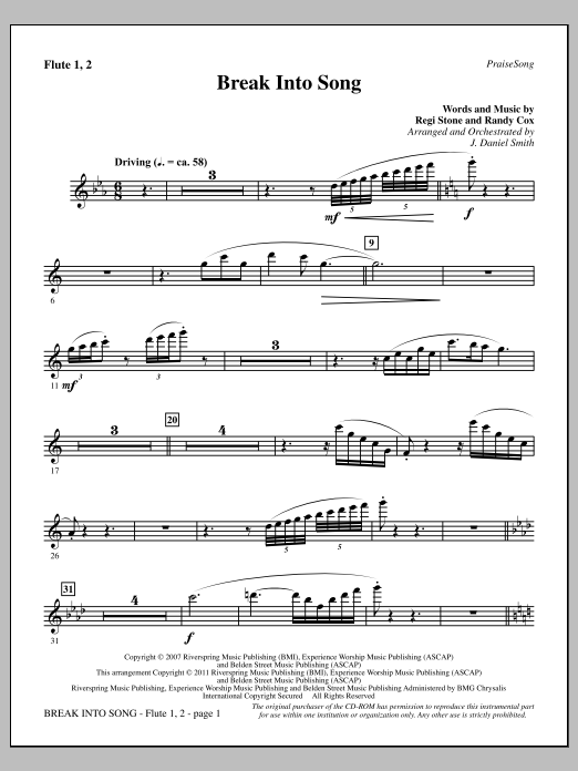 J. Daniel Smith Break Into Song - Flute 1 & 2 Sheet Music Notes & Chords for Choir Instrumental Pak - Download or Print PDF