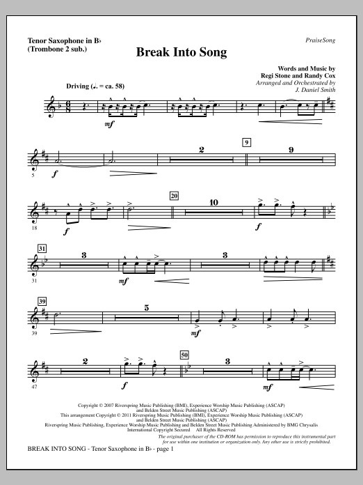 J. Daniel Smith Break Into Song - Tenor Sax (sub. Tbn 2) Sheet Music Notes & Chords for Choir Instrumental Pak - Download or Print PDF J. Daniel Smith Break Into Song - Tenor Sax (sub. Tbn 2) Sheet Music Notes & Chords for Choir Instrumental Pak - Download or Print PDF