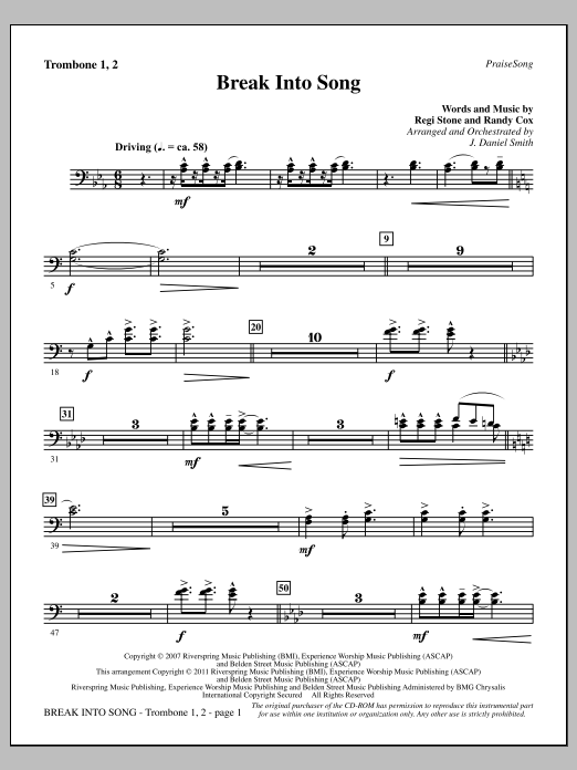 J. Daniel Smith Break Into Song - Trombone 1 & 2 Sheet Music Notes & Chords for Choir Instrumental Pak - Download or Print PDF