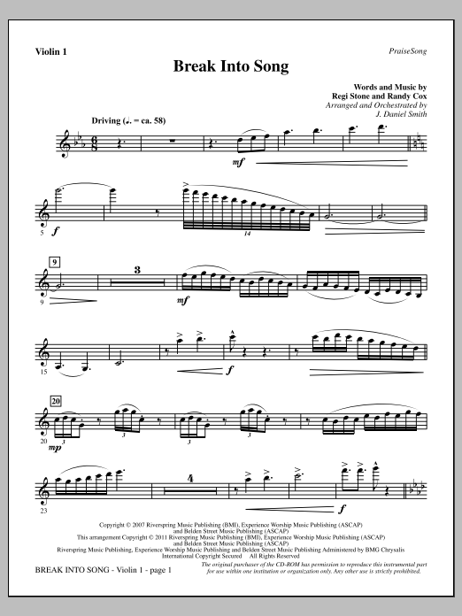 J. Daniel Smith Break Into Song - Violin 1 Sheet Music Notes & Chords for Choir Instrumental Pak - Download or Print PDF