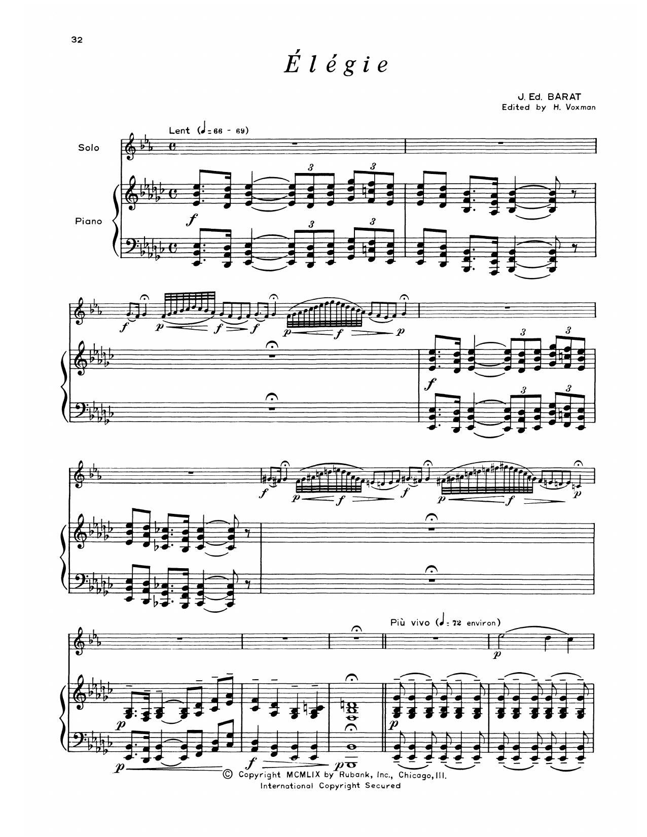 J. Ed. Barat Elegie Sheet Music Notes & Chords for Alto Sax and Piano - Download or Print PDF