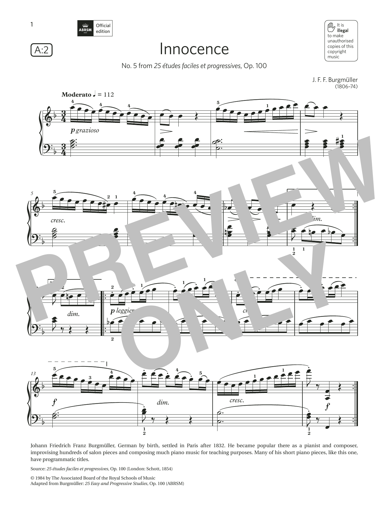 J. F. Burgmüller Innocence (Grade 3, list A2, from the ABRSM Piano Syllabus 2021 & 2022) Sheet Music Notes & Chords for Piano Solo - Download or Print PDF