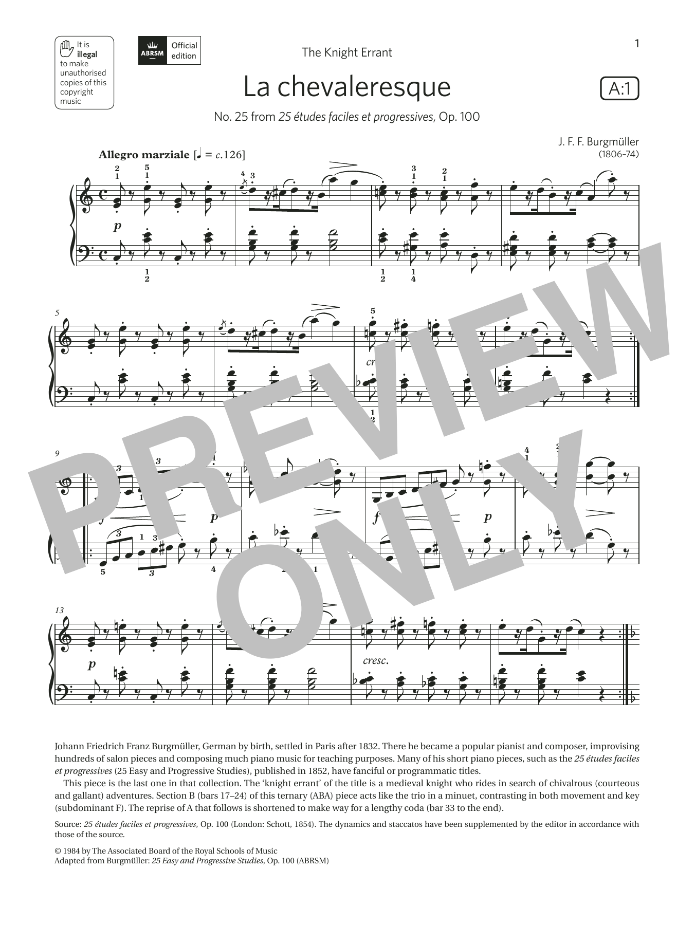 J. F. Burgmüller La chevaleresque (Grade 5, list A1, from the ABRSM Piano Syllabus 2021 & 2022) Sheet Music Notes & Chords for Piano Solo - Download or Print PDF