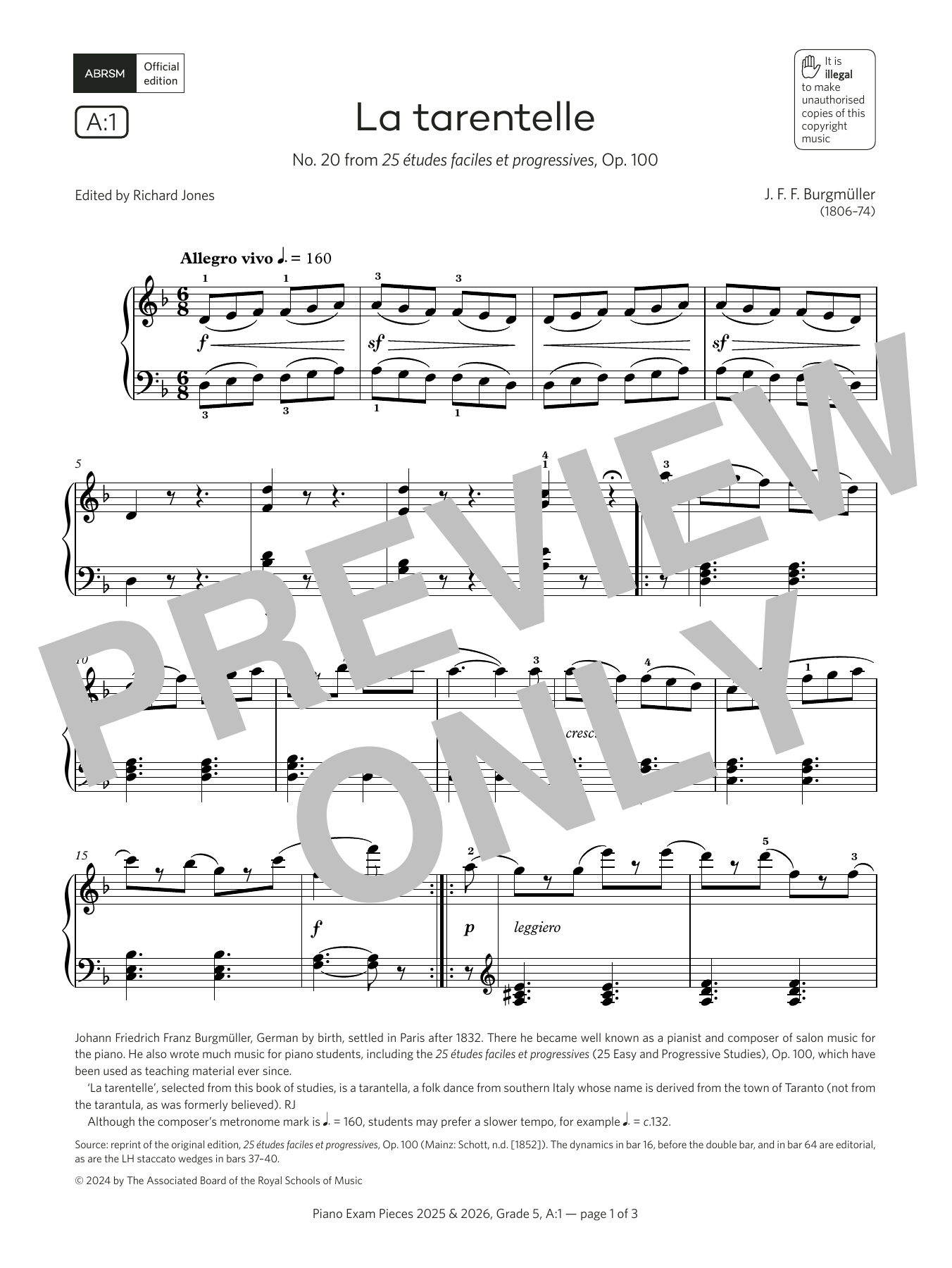 J. F. F. Burgmüller La tarentelle (Grade 5, list A1, from the ABRSM Piano Syllabus 2025 & 2026) Sheet Music Notes & Chords for Piano Solo - Download or Print PDF