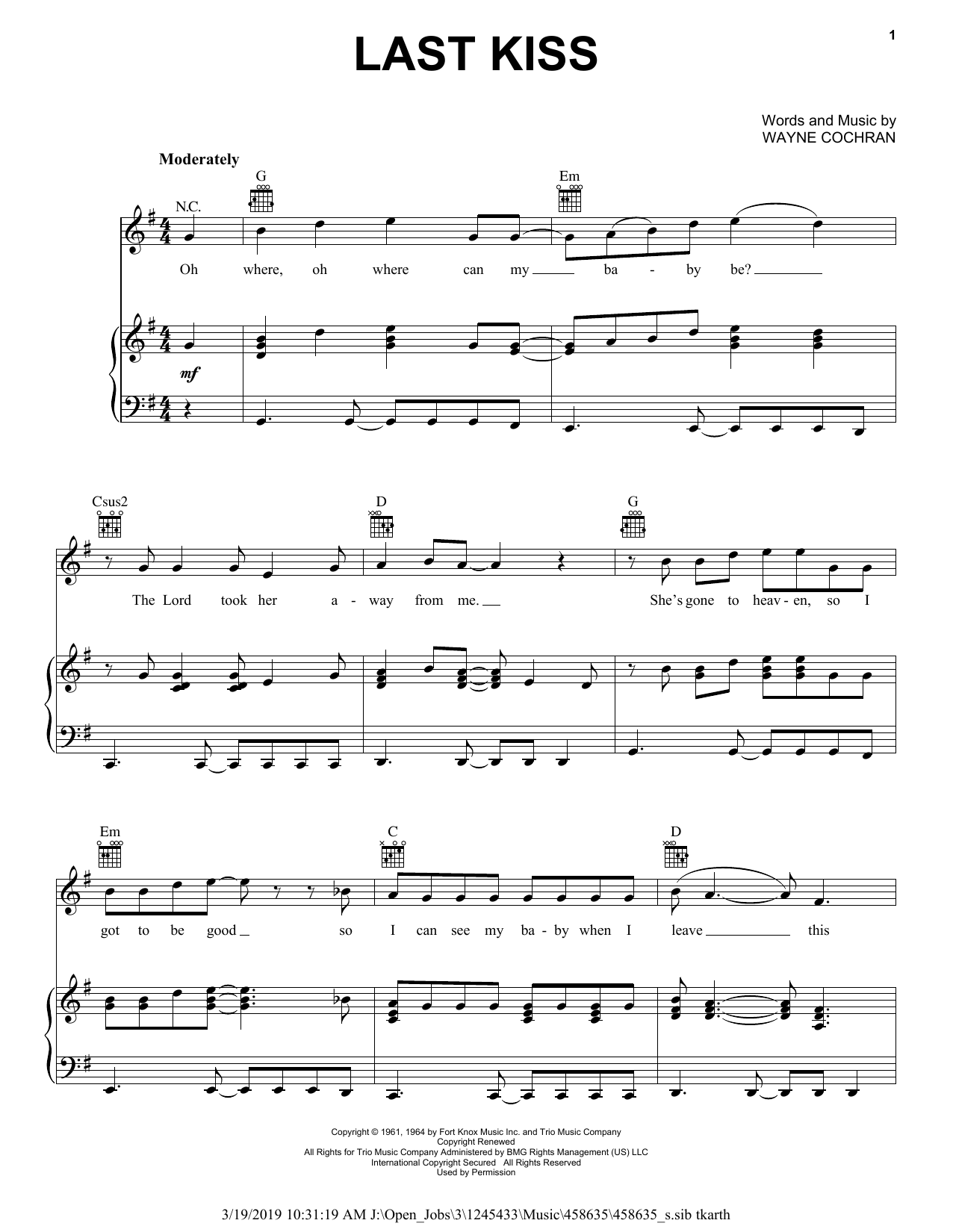J. Frank Wilson Last Kiss Sheet Music Notes & Chords for Melody Line, Lyrics & Chords - Download or Print PDF