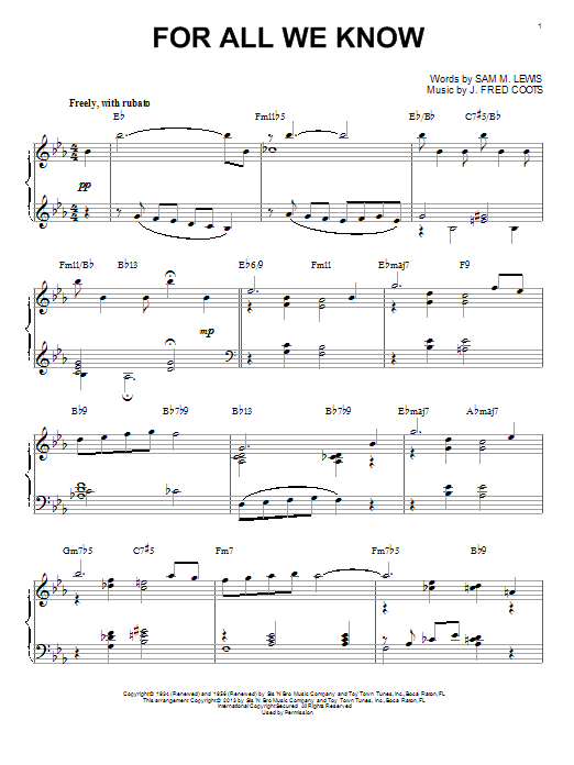 J. Fred Coots For All We Know (arr. Brent Edstrom) Sheet Music Notes & Chords for Piano - Download or Print PDF
