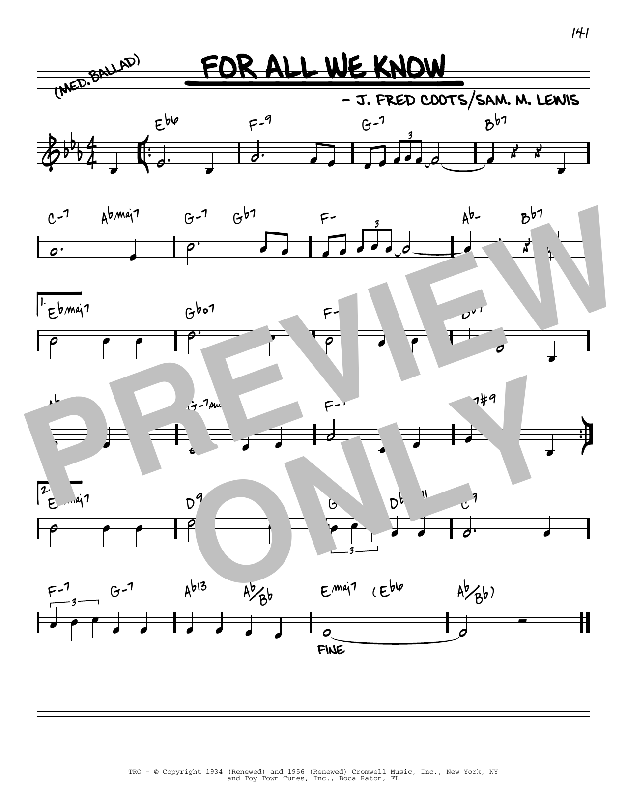 J. Fred Coots For All We Know [Reharmonized version] (arr. Jack Grassel) Sheet Music Notes & Chords for Real Book – Melody & Chords - Download or Print PDF
