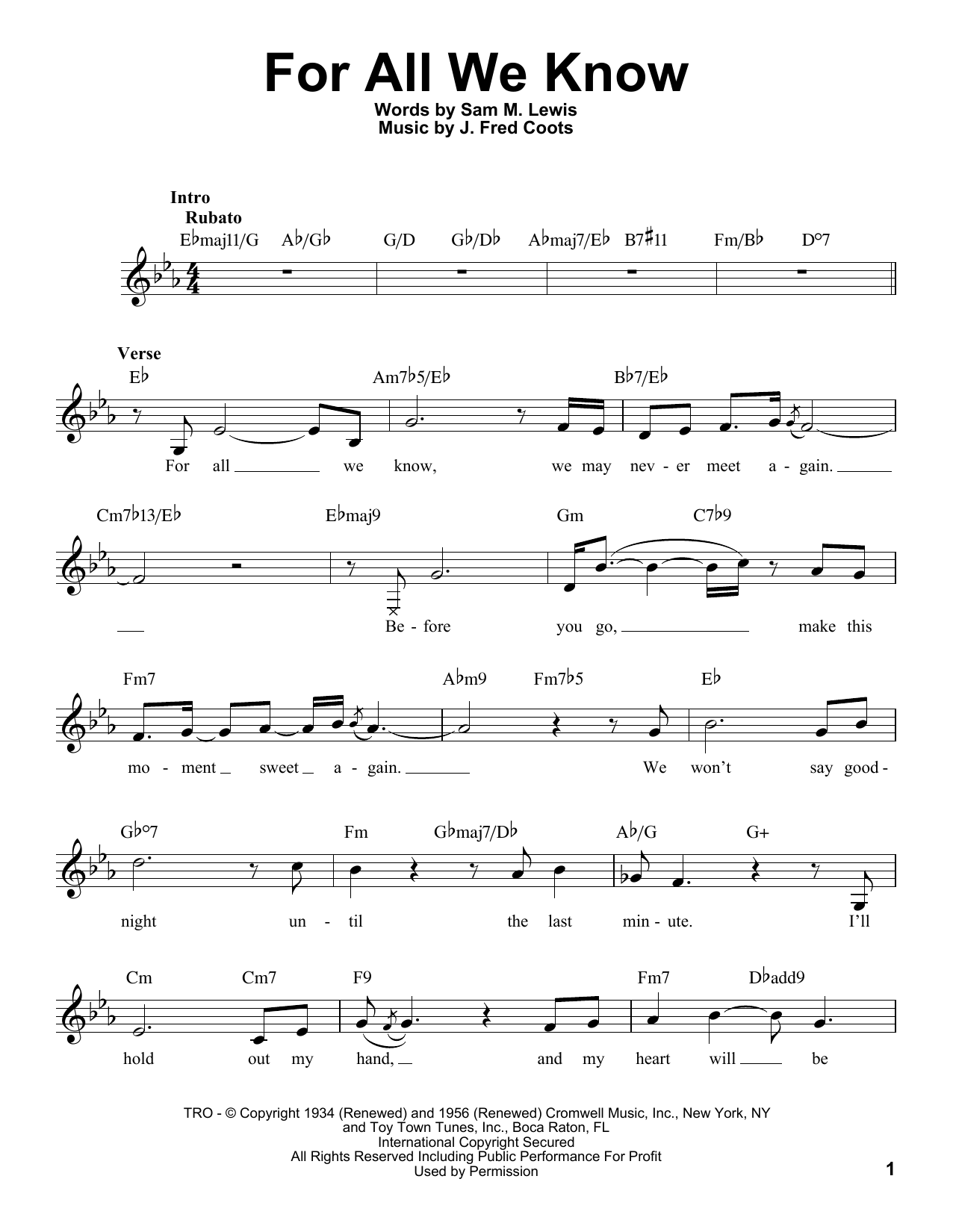 J. Fred Coots For All We Know Sheet Music Notes & Chords for French Horn Solo - Download or Print PDF
