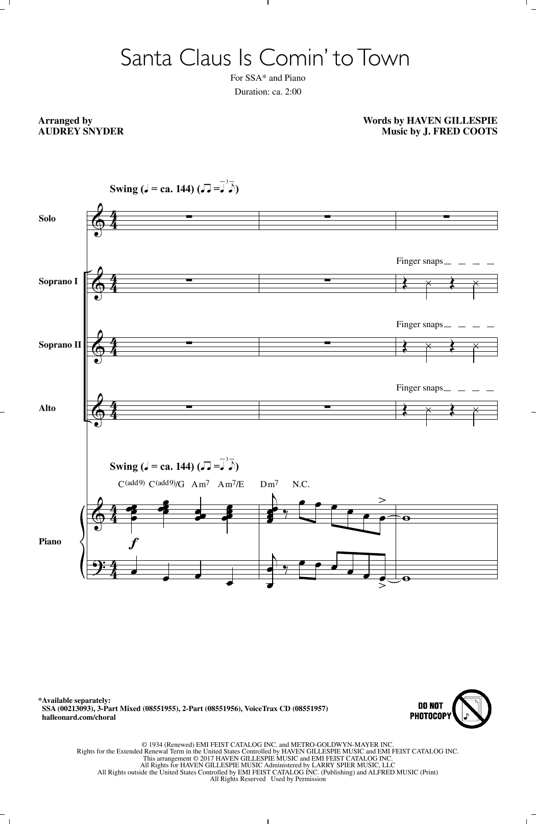 J. Fred Coots Santa Claus Is Comin' To Town (arr. Audrey Snyder) Sheet Music Notes & Chords for SSA - Download or Print PDF