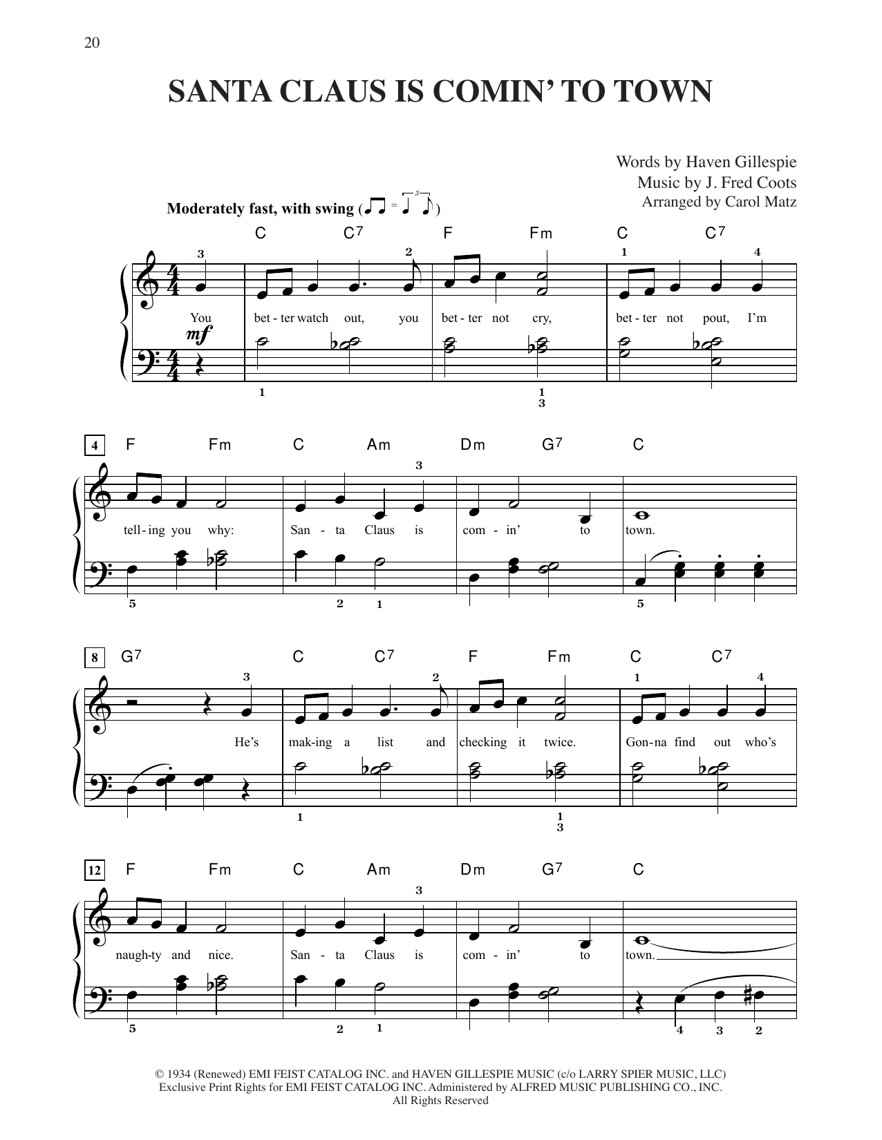 J. Fred Coots Santa Claus Is Comin' To Town (arr. Carol Matz) Sheet Music Notes & Chords for Big Note Piano - Download or Print PDF
