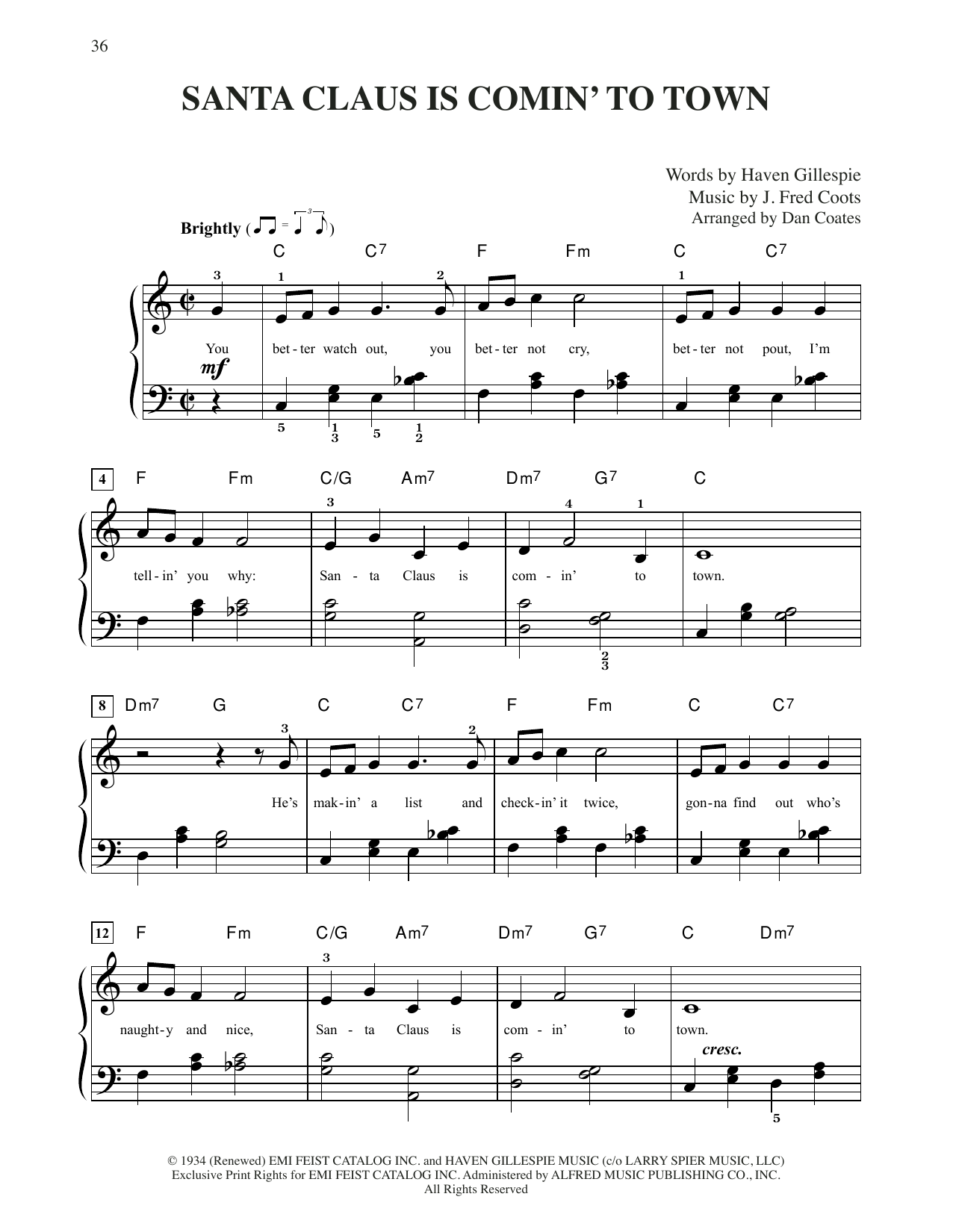 J. Fred Coots Santa Claus Is Comin' To Town (arr. Dan Coates) Sheet Music Notes & Chords for Easy Piano - Download or Print PDF