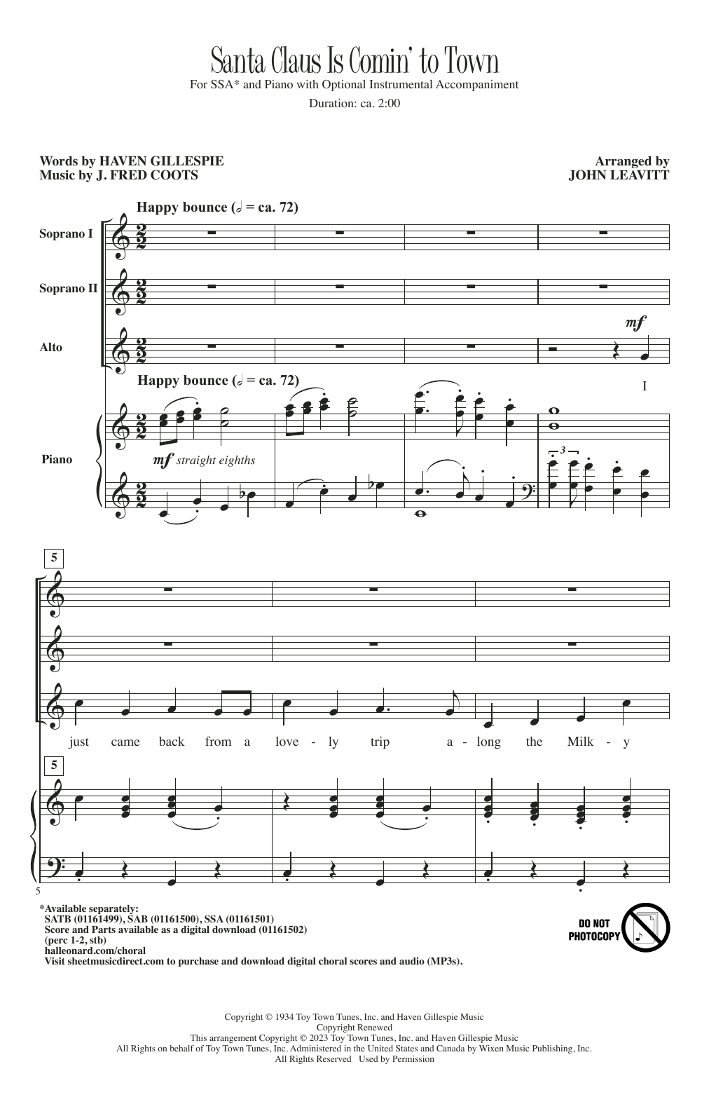 J. Fred Coots Santa Claus Is Comin' To Town (arr. John Leavitt) Sheet Music Notes & Chords for SSA Choir - Download or Print PDF