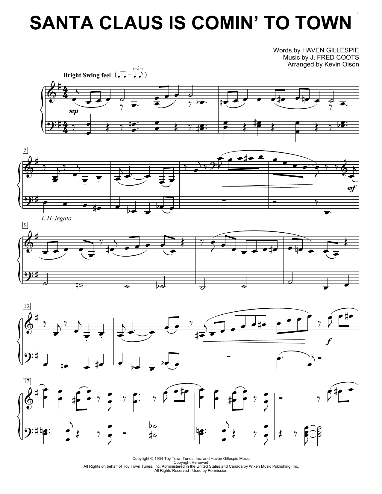 J. Fred Coots Santa Claus Is Comin' To Town (arr. Kevin Olson) Sheet Music Notes & Chords for Easy Piano Solo - Download or Print PDF