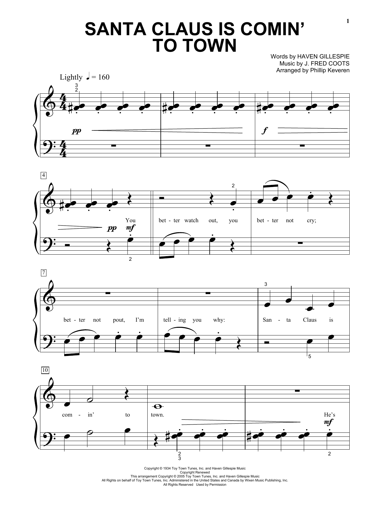 J. Fred Coots Santa Claus Is Comin' To Town Sheet Music Notes & Chords for Piano (Big Notes) - Download or Print PDF