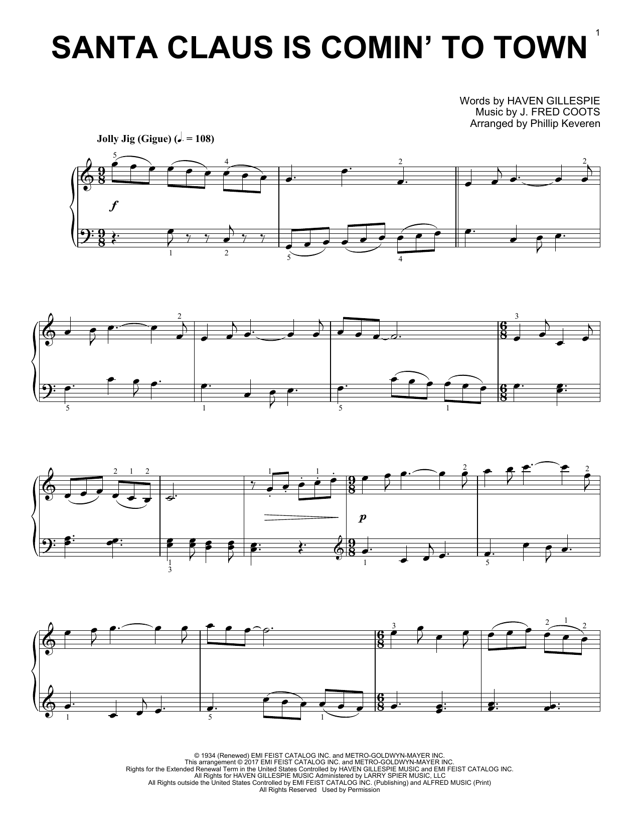 J. Fred Coots Santa Claus Is Comin' To Town [Classical version] (arr. Phillip Keveren) Sheet Music Notes & Chords for Piano - Download or Print PDF