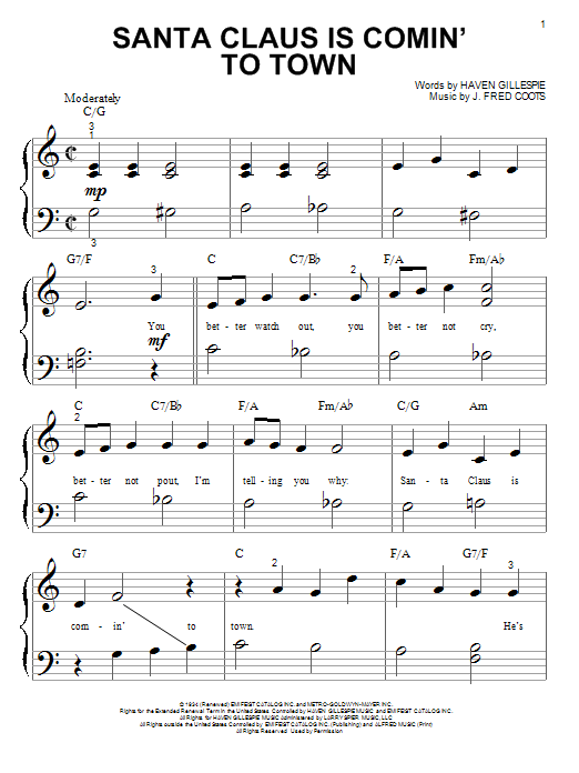 J. Fred Coots Santa Claus Is Comin' To Town Sheet Music Notes & Chords for Voice - Download or Print PDF