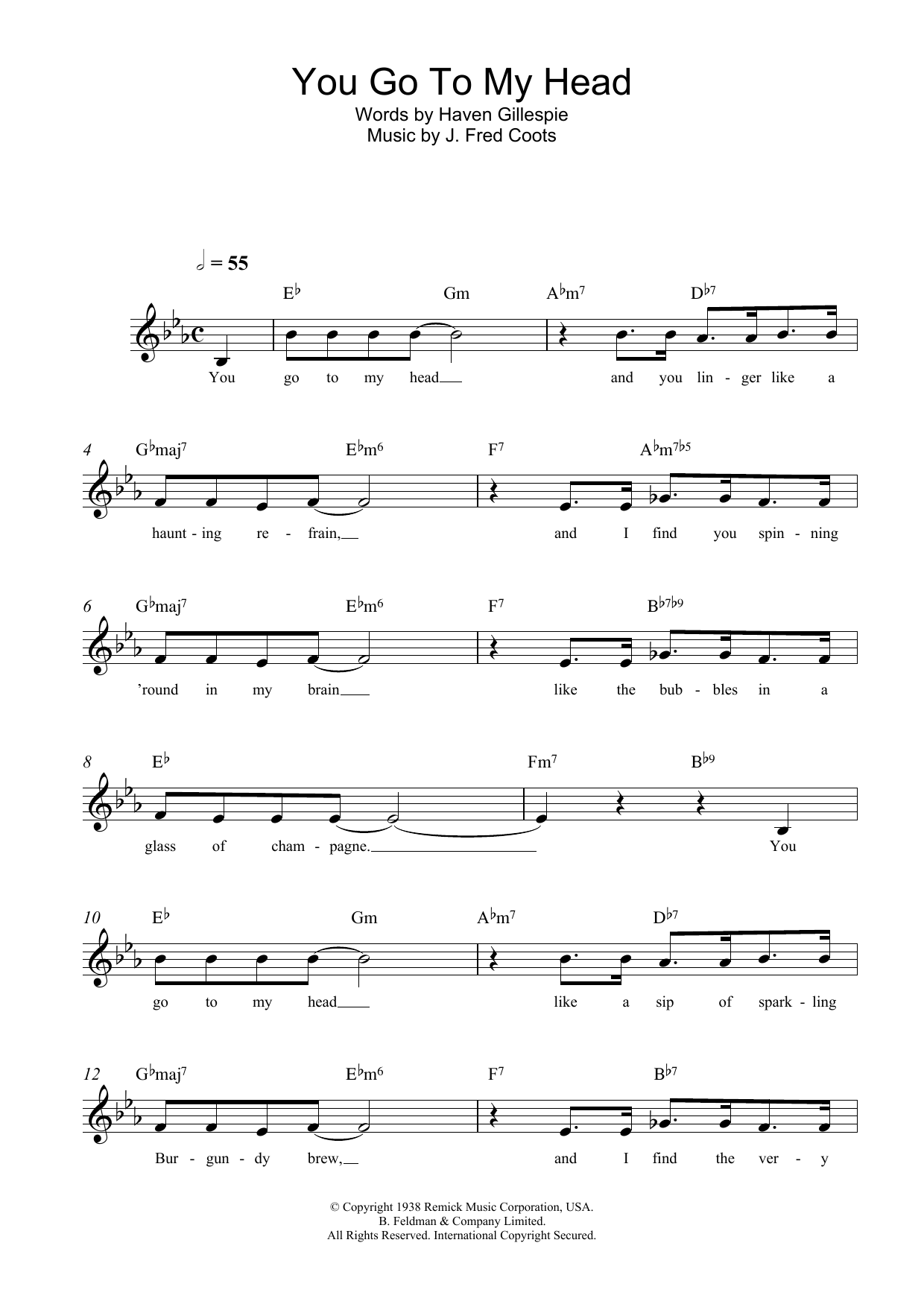 J. Fred Coots You Go To My Head Sheet Music Notes & Chords for Melody Line, Lyrics & Chords - Download or Print PDF