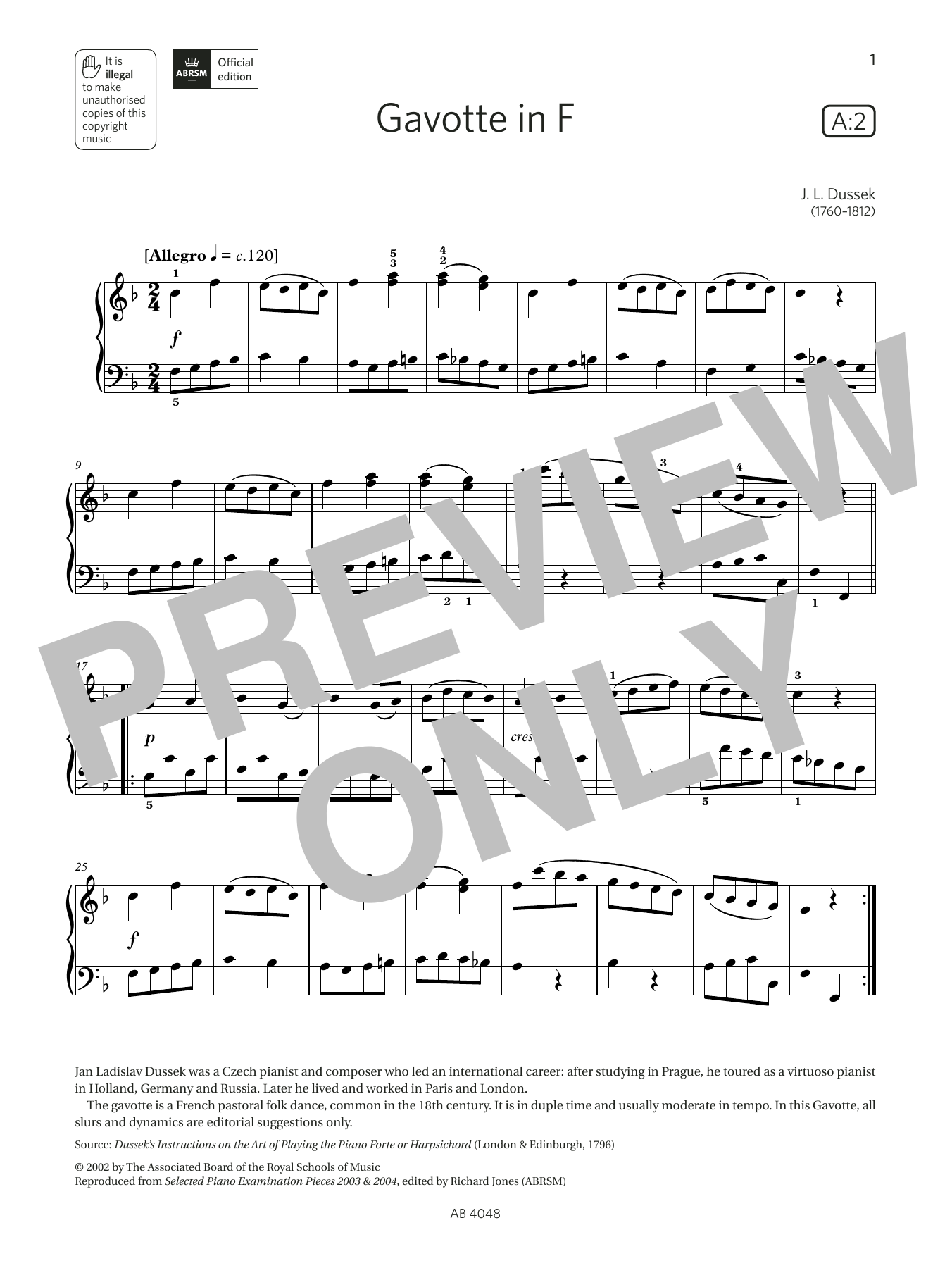 J L Dussek Gavotte in F (Grade 2, list A2, from the ABRSM Piano Syllabus 2023 & 2024) Sheet Music Notes & Chords for Piano Solo - Download or Print PDF