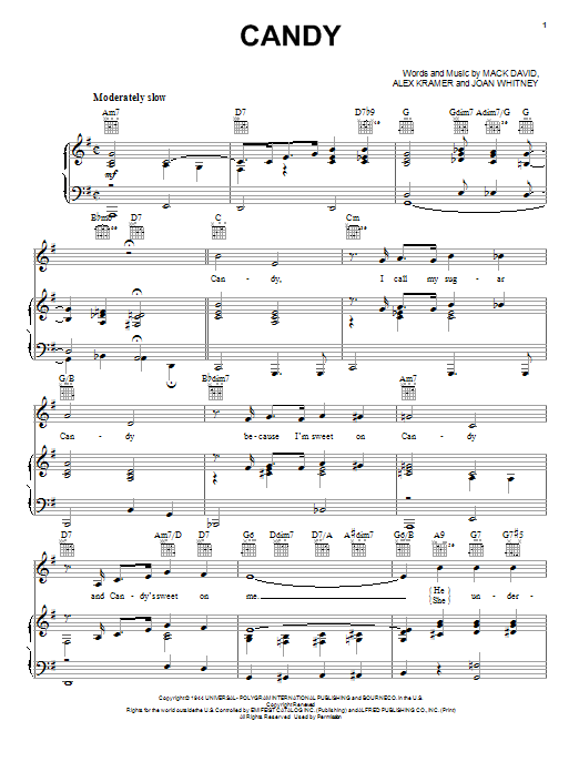 J. Mercer, J. Stafford & Pied Pipers Candy Sheet Music Notes & Chords for Piano, Vocal & Guitar (Right-Hand Melody) - Download or Print PDF