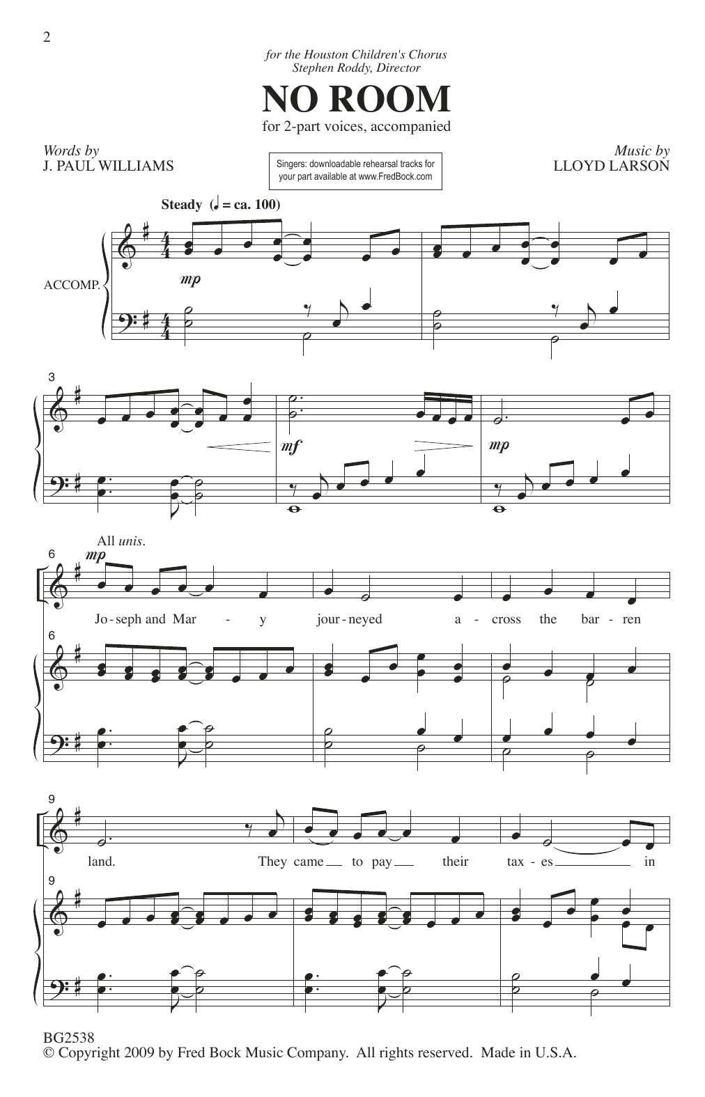 J. Paul Williams and Lloyd Larson No Room Sheet Music Notes & Chords for 2-Part Choir - Download or Print PDF
