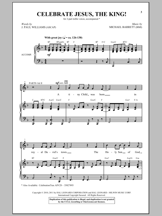 J. Paul Williams Celebrate Jesus The King Sheet Music Notes & Chords for 2-Part Choir - Download or Print PDF