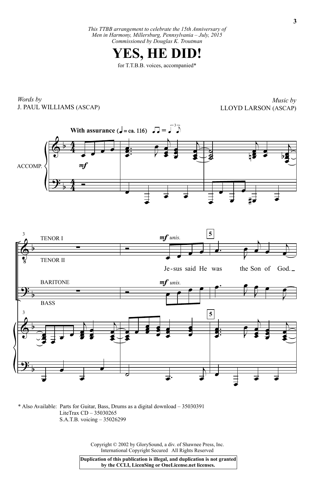J. Paul Williams Yes, He Did! Sheet Music Notes & Chords for TTBB - Download or Print PDF