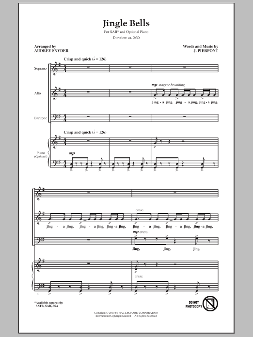 Audrey Snyder Jingle Bells Sheet Music Notes & Chords for SAB - Download or Print PDF