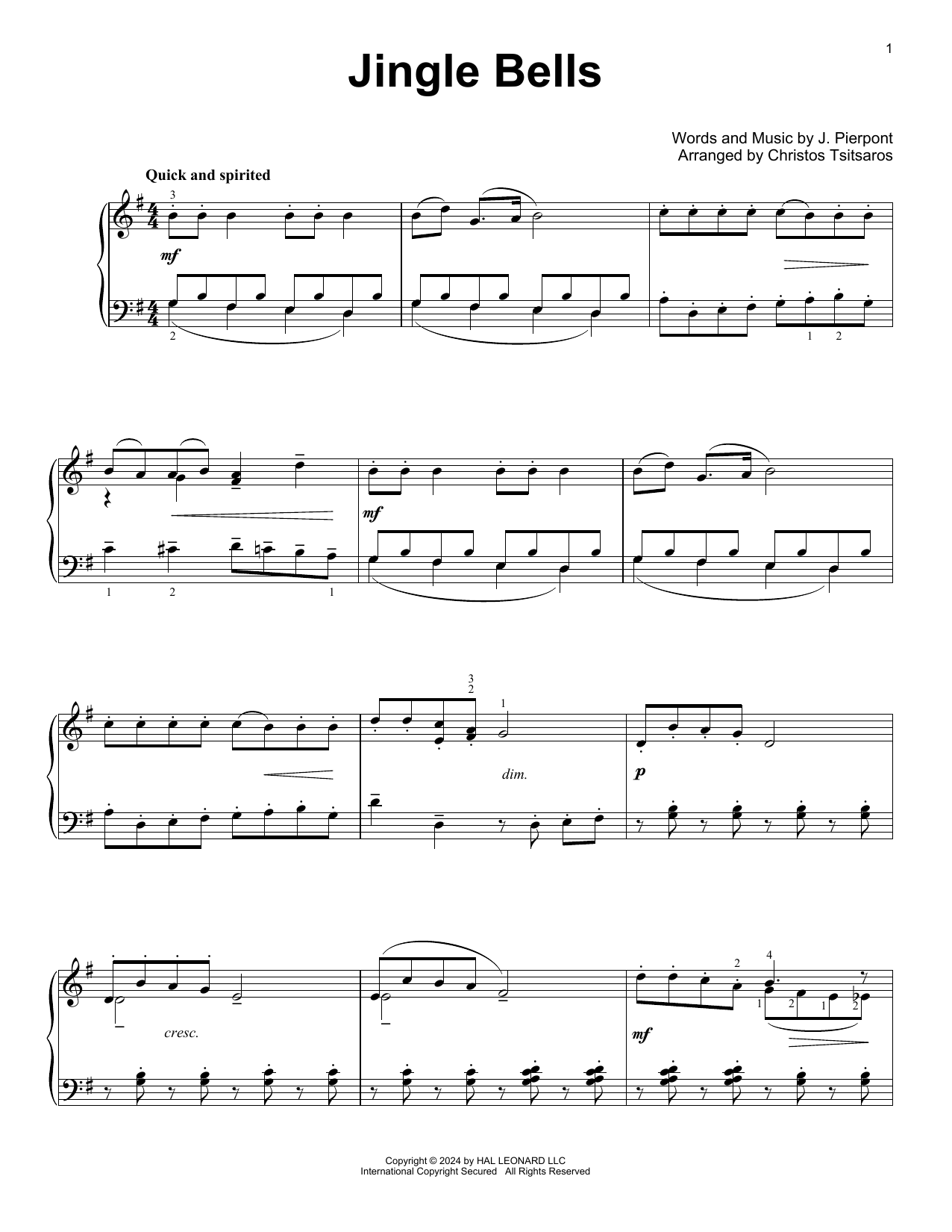 J. Pierpont Jingle Bells (arr. Christos Tsitsaros) Sheet Music Notes & Chords for Easy Piano Solo - Download or Print PDF