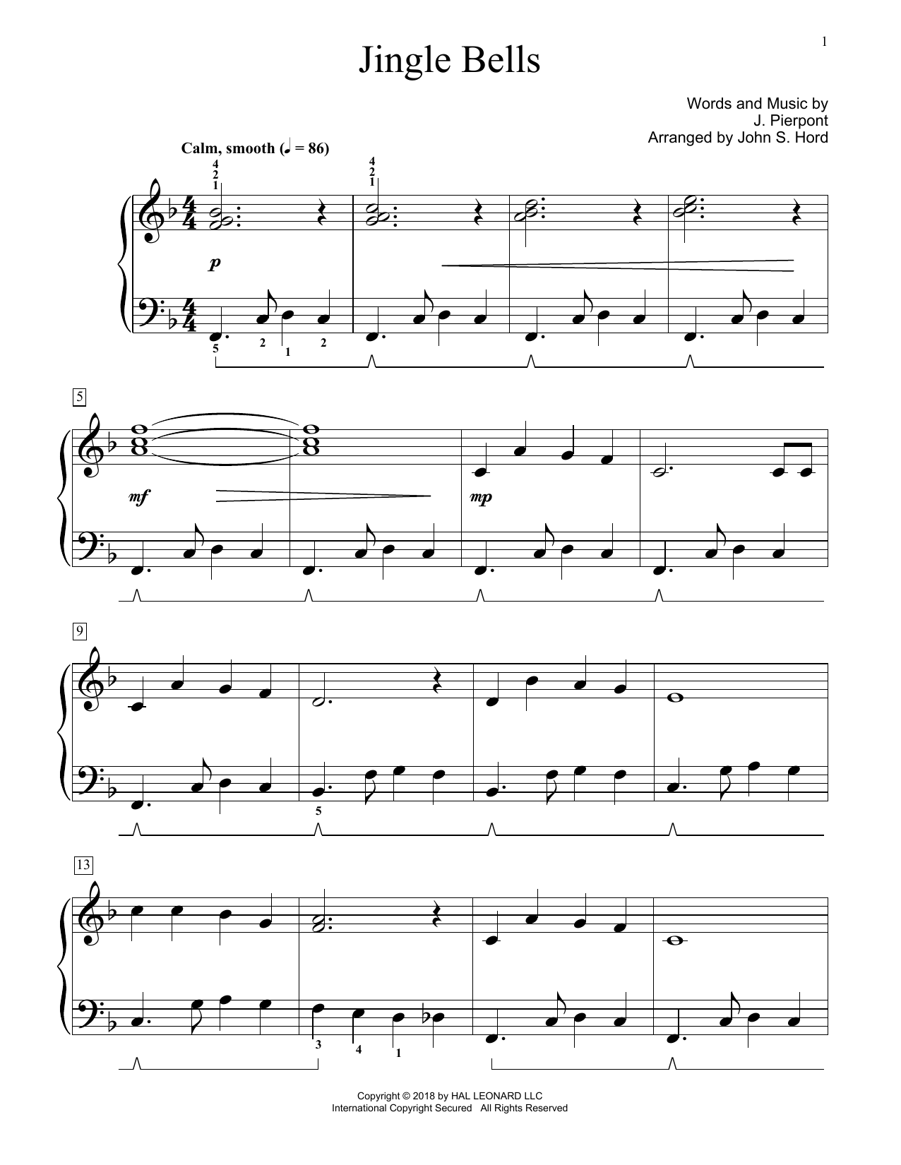 J. Pierpont Jingle Bells (arr. John S. Hord) Sheet Music Notes & Chords for Educational Piano - Download or Print PDF