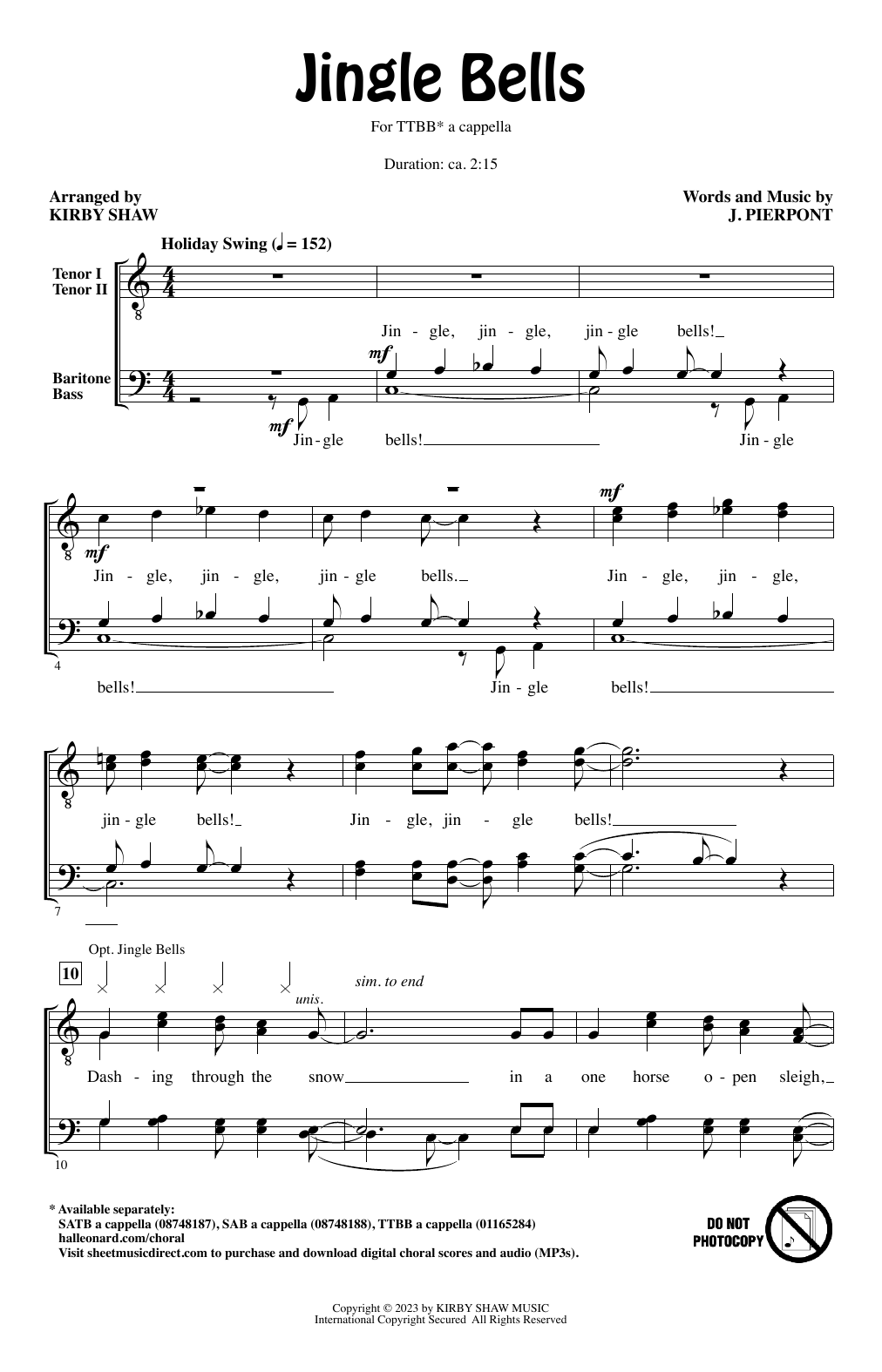 J. Pierpont Jingle Bells (arr. Kirby Shaw) Sheet Music Notes & Chords for TTBB Choir - Download or Print PDF