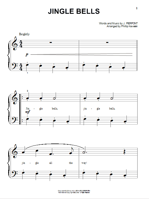 J. Pierpont Jingle Bells Sheet Music Notes & Chords for Piano (Big Notes) - Download or Print PDF